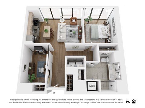 a spacious two bedroom apartment with two bathrooms and a living room with a fireplace and a balcony